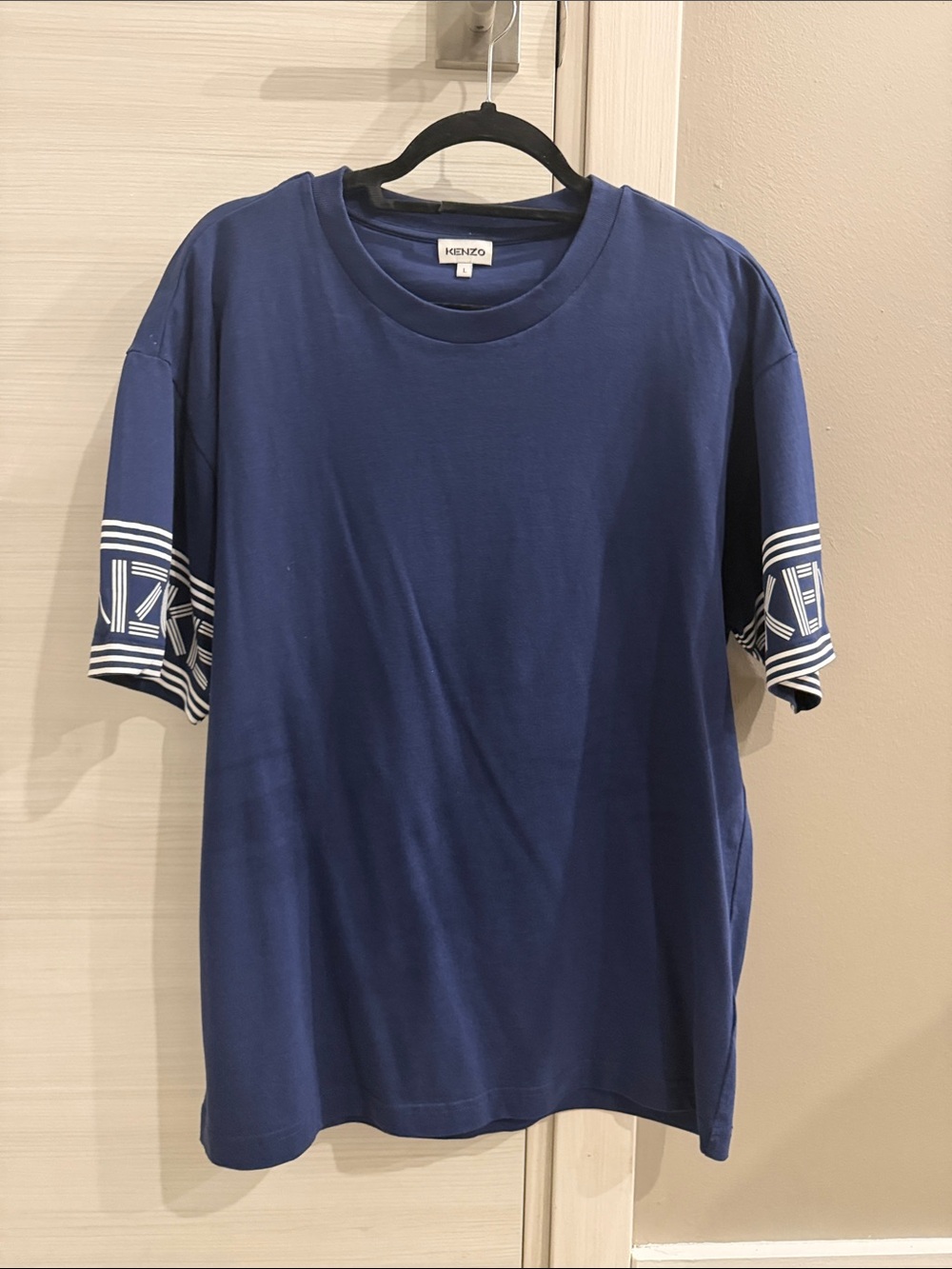Kenzo Navy Short-Sleeve Tee with White Sleeve Stripe Detail